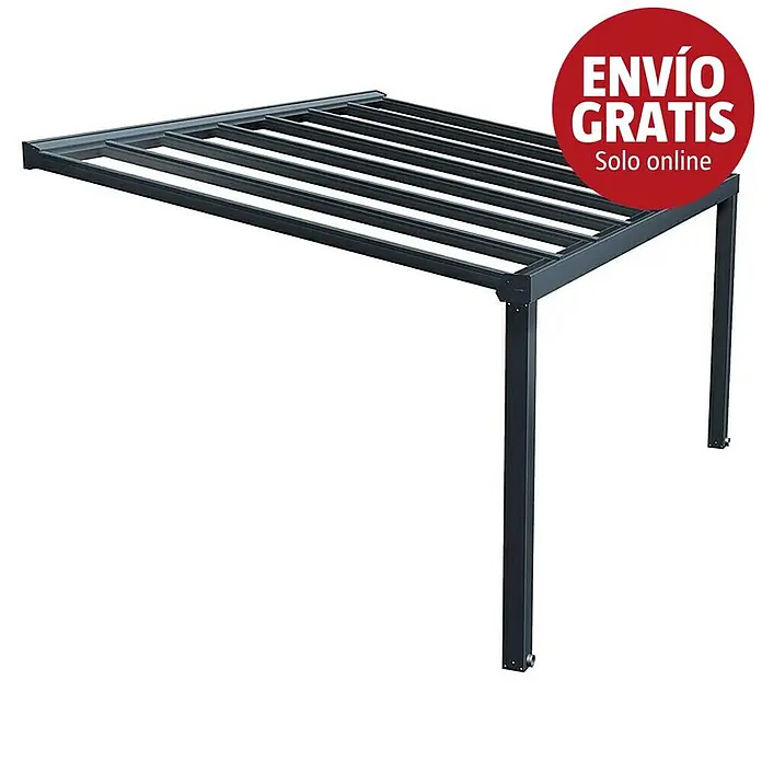 Palram – Canopia Marquesina adosada Stockholm - An x Pr: 515 x 340 cm, Gris antracita, Policarbonato, Transparente - Estructura de pérgola de metal gris oscuro con techo de lamas y cuatro patas.