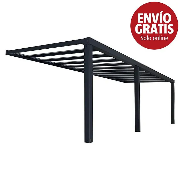 Palram – Canopia Marquesina adosada Stockholm - An x Pr: 810 x 340 cm, Gris antracita, Policarbonato, Transparente - Pérgola de metal gris oscuro con techo de lamas, para sombra exterior y soporte de jardín.