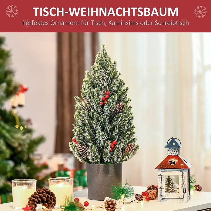 HOMCOM-Weihnachtsbaum-Ø27 x 47H cm-Grün -  - Kleiner, beflockter Weihnachtsbaum mit Tannenzapfen und roten Beeren im grauen Topf, ideal als Tischdekoration.