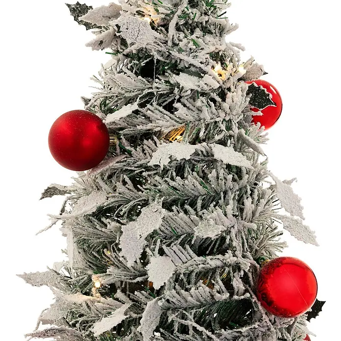 ECD Germany Künstlicher Pop-Up-Weihnachtsbaum 180 cm mit Deko & Beleuchtung -  - Nahaufnahme eines geflockten künstlichen Weihnachtsbaumzweigs mit roten Kugeln und warmweißen Lichtern.