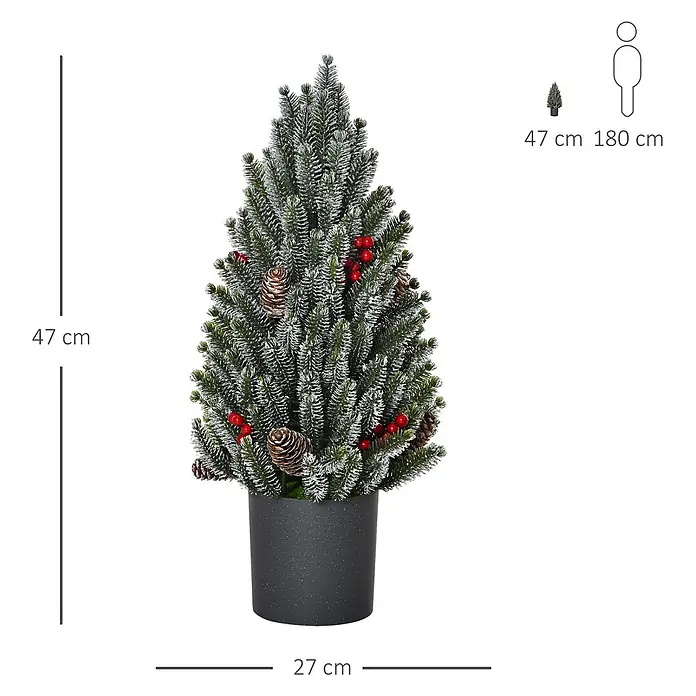 HOMCOM-Weihnachtsbaum-Ø27 x 47H cm-Grün -  - Kleiner beflockter künstlicher Weihnachtsbaum mit Tannenzapfen und roten Beeren in einem dunkelgrauen Topf, 47 cm hoch.