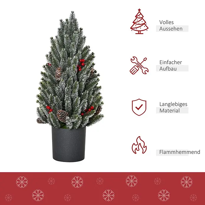 HOMCOM-Weihnachtsbaum-Ø27 x 47H cm-Grün -  - Künstlicher, beflockter Weihnachtsbaum im Topf mit Beeren und Zapfen.