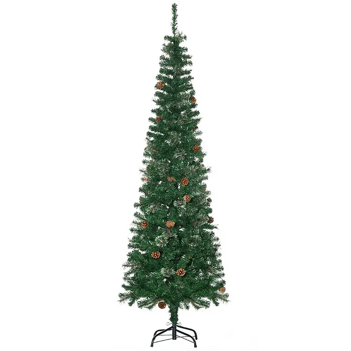 HOMCOM-Weihnachtsbaum-54L x 54B x 195H cm-Grün -  - Hoher, schlanker künstlicher grüner Weihnachtsbaum mit gefrosteten Zweigen und natürlichen Tannenzapfen auf schwarzem Metallständer.