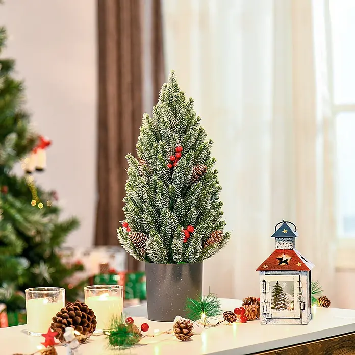 HOMCOM-Weihnachtsbaum-Ø27 x 47H cm-Grün -  - Gefrosteter künstlicher Weihnachtsbaum mit roten Beeren und Tannenzapfen im grauen Topf, als festliche Tischdeko.