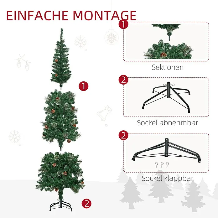 HOMCOM-Weihnachtsbaum-54L x 54B x 195H cm-Grün -  - Anleitung zur Montage eines künstlichen Weihnachtsbaums aus Steckelementen mit abnehmbarem und klappbarem Metallständer.