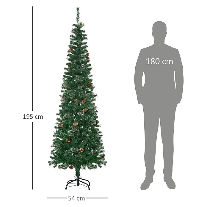 HOMCOM-Weihnachtsbaum-54L x 54B x 195H cm-Grün -  - Künstlicher Weihnachtsbaum, 195 cm hoch und 54 cm breit, mit Tannenzapfen, neben einer 180 cm großen Person zum Größenvergleich.