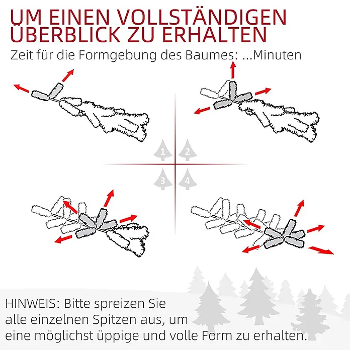 HOMCOM-Weihnachtsbaum-54L x 54B x 195H cm-Grün -  - Illustrierte Anleitung zum Formen künstlicher Baumzweige: Vier Schritte zeigen, wie Spitzen für eine volle Form gespreizt werden.