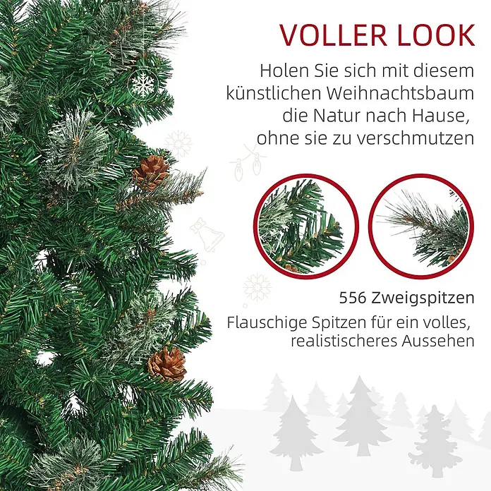 HOMCOM-Weihnachtsbaum-54L x 54B x 195H cm-Grün -  - Künstlicher Weihnachtsbaum mit vollen, grünen Nadeln, Kiefernzapfen und bereiften Spitzen für ein realistisches Aussehen.