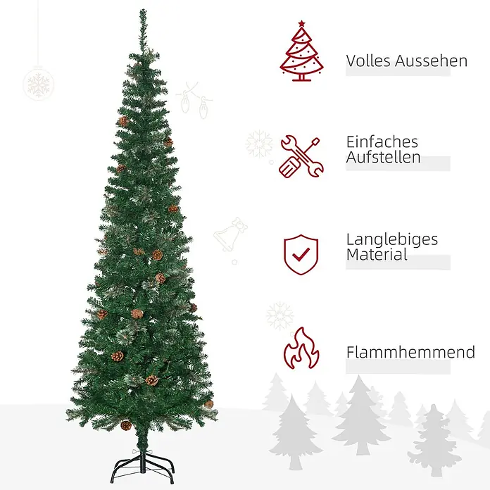 HOMCOM-Weihnachtsbaum-54L x 54B x 195H cm-Grün -  - Ein hoher, künstlicher grüner Weihnachtsbaum mit integrierten Tannenzapfen und schwarzem Metallständer.