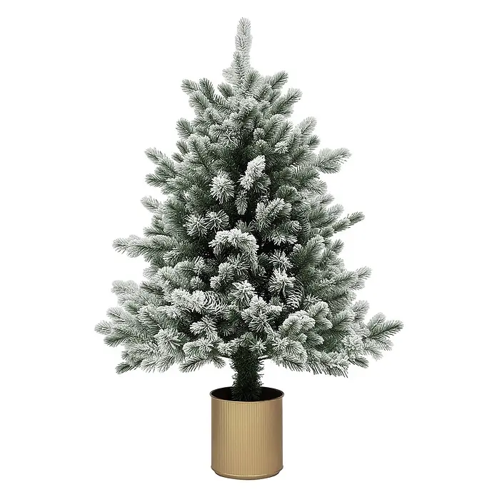 HOMCOM-Weihnachtsbaum-Ø60 x 100H cm-Grün+Gold -  - Beflockter künstlicher Weihnachtsbaum mit grünen Nadeln, weiß bedeckt, in einem gerippten Goldtopf.