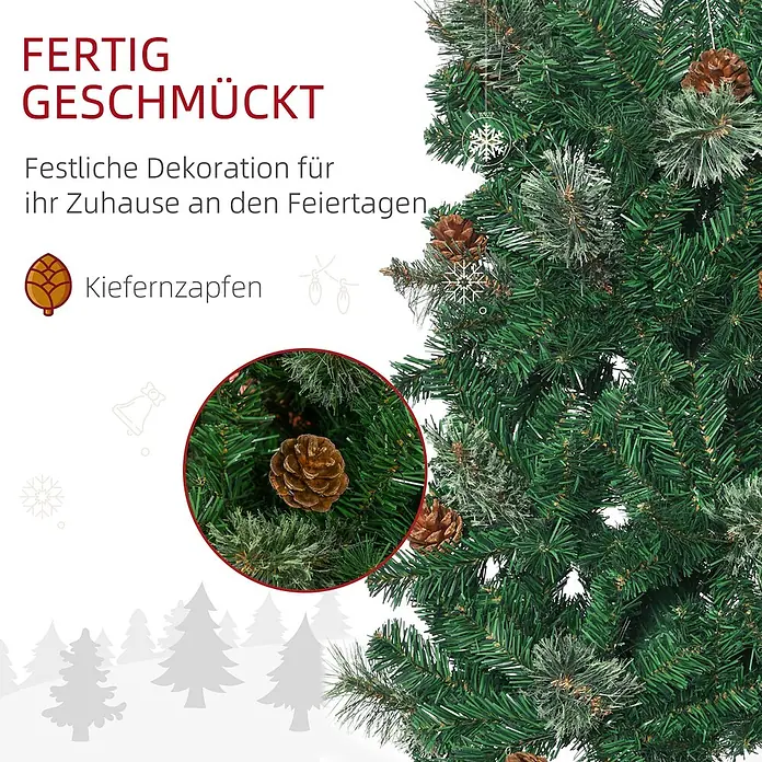 HOMCOM-Weihnachtsbaum-54L x 54B x 195H cm-Grün -  - Nahaufnahme eines bereits geschmückten künstlichen Weihnachtsbaumzweigs mit grünen Nadeln, bereiften Spitzen und braunen Kiefernzapfen.