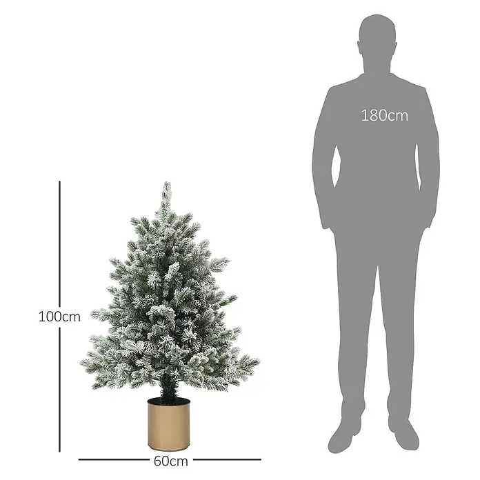 HOMCOM-Weihnachtsbaum-Ø60 x 100H cm-Grün+Gold -  - Beflockter künstlicher Weihnachtsbaum mit Zapfen in goldenem Topf, 100cm hoch und 60cm breit, Maßstab zu 180cm Person.