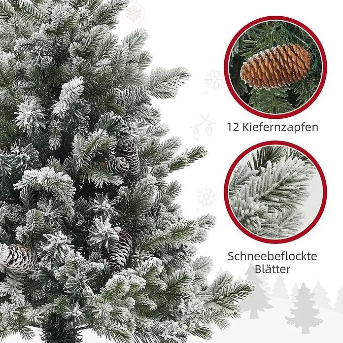 HOMCOM-Weihnachtsbaum-Ø60 x 100H cm-Grün+Gold -  - Nahaufnahme eines künstlichen, schneebeflockten Weihnachtsbaums mit Kiefernzapfen.