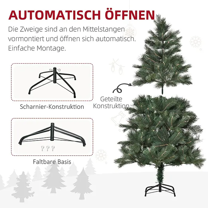 HOMCOM-Weihnachtsbaum-Ø90 x 180H cm-Grün -  - Künstlicher grüner Weihnachtsbaum mit automatisch öffnenden Zweigen, geteilter Konstruktion und klappbarem Metallständer.