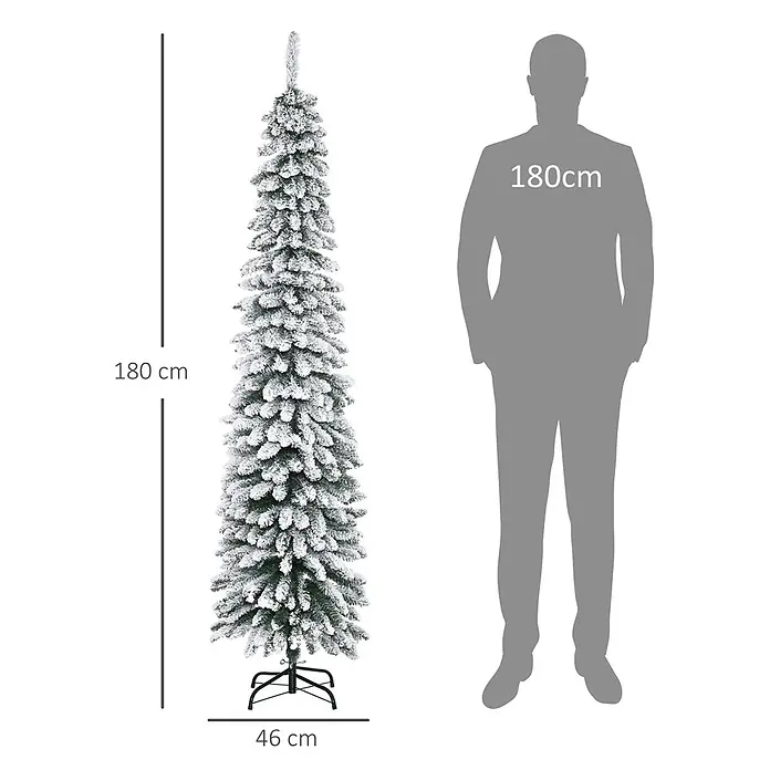 HOMCOM-Weihnachtsbaum-Ø46 x 180H cm-Grün+Weiß -  - Ein 180 cm hoher, schmaler, beflockter künstlicher Weihnachtsbaum mit 46 cm breitem Fuß, neben einer menschlichen Silhouette zur Größenansicht.