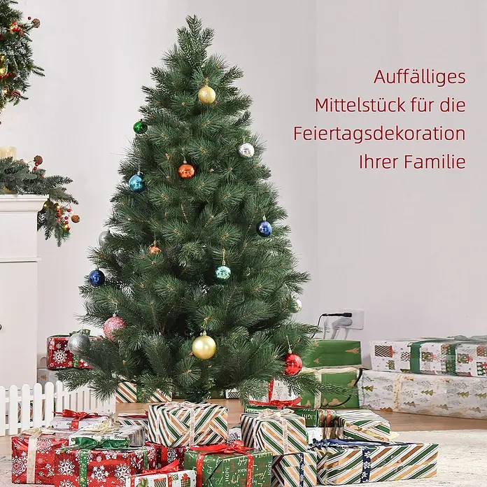 HOMCOM-Weihnachtsbaum-Ø90 x 180H cm-Grün -  - Ein geschmückter künstlicher Weihnachtsbaum mit bunten Kugeln, umgeben von Geschenken, als festliches Herzstück für die Feiertagsdekoration.