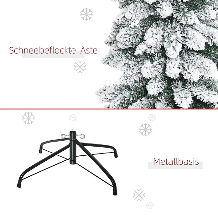 HOMCOM-Weihnachtsbaum-Ø46 x 180H cm-Grün+Weiß -  - Nahaufnahme von schneebeflockten künstlichen Weihnachtsbaumzweigen und einem schwarzen Metallständer.