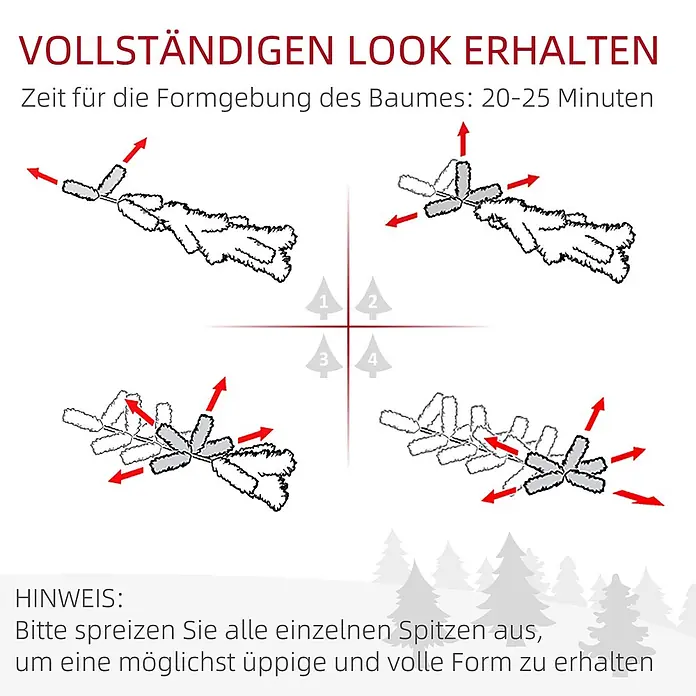 HOMCOM-Weihnachtsbaum-Ø46 x 180H cm-Grün+Weiß -  - Anleitung zum Spreizen der Zweige eines künstlichen Weihnachtsbaumes für eine volle und üppige Form.