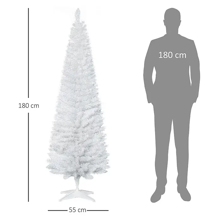 HOMCOM-Weihnachtsbaum-Ø55 x 180H cm-Weiß -  - Weißer künstlicher Weihnachtsbaum, 180 cm hoch mit 55 cm Basis, neben einer 180 cm Person zur Größenreferenz.