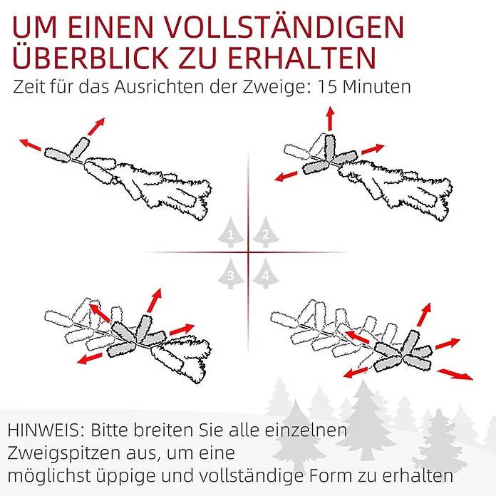 HOMCOM-Weihnachtsbaum-Ø110 x 180H cm-Grün -  - Anleitung zeigt, wie Kunstbaumzweige ausgebreitet werden, um eine volle und üppige Form zu erzielen. Dauert ca. 15 Minuten.