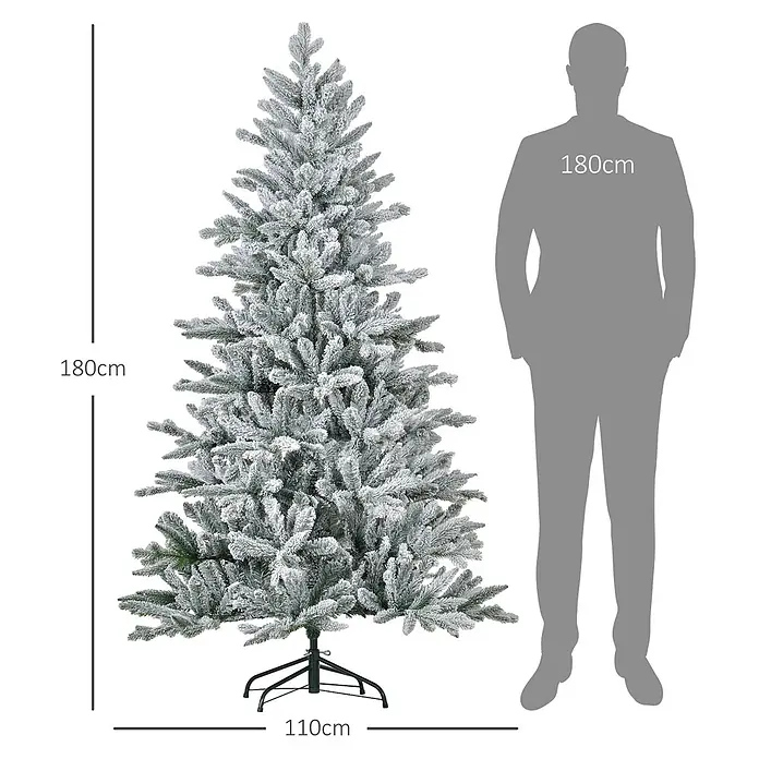 HOMCOM-Weihnachtsbaum-Ø110 x 180H cm-Grün -  - Beflockter künstlicher Weihnachtsbaum, 180cm hoch und 110cm breit, mit einer menschlichen Silhouette zum Größenvergleich.