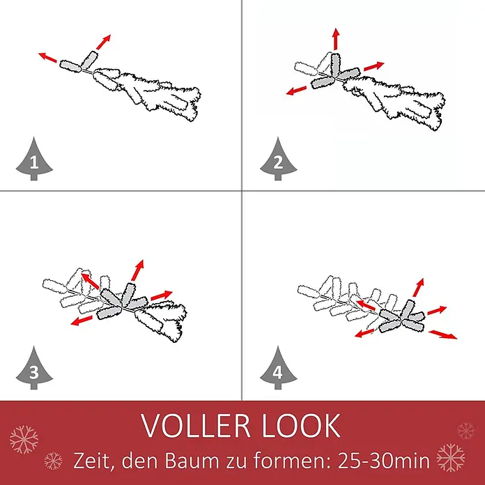 HOMCOM-Weihnachtsbaum-Ø90 x 180H cm-Grün -  - Vier Schritte zeigen, wie man einen Weihnachtsbaumast für einen vollen Look formt. Pfeile zeigen die Spreizrichtung.