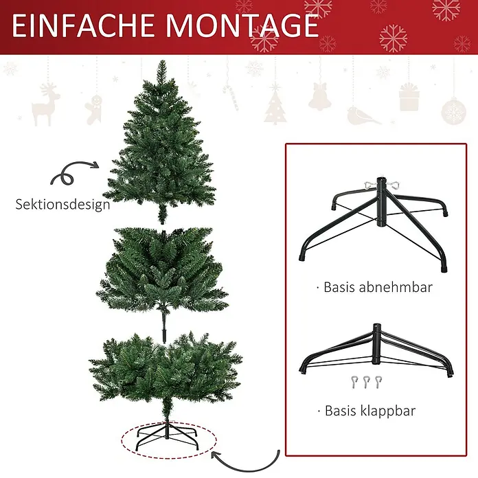 HOMCOM-Weihnachtsbaum-Ø90 x 180H cm-Grün -  - Künstlicher Weihnachtsbaum in Segmenten mit zerlegbarem und klappbarem schwarzem Metallständer für einfache Montage.