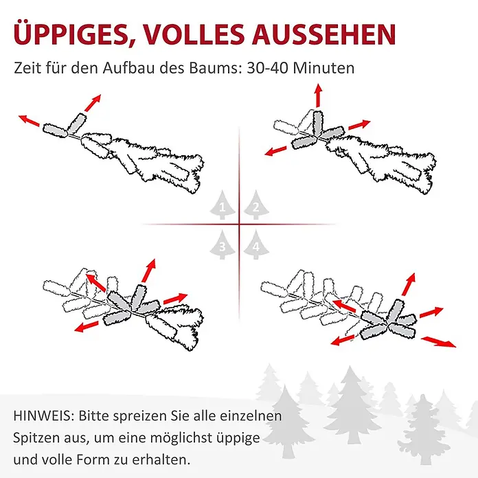 HOMCOM-Weihnachtsbaum-136L x 136B x 180H cm-Grün -  - Anleitung zum Ausbreiten von künstlichen Weihnachtsbaumzweigspitzen für ein üppiges, volles Aussehen, in vier Schritten mit roten Pfeilen.