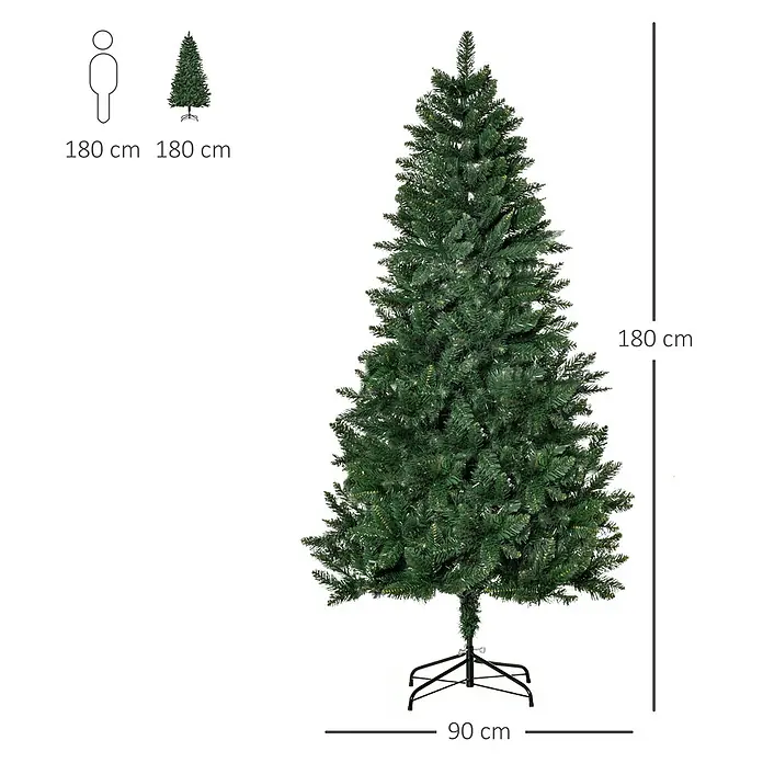 HOMCOM-Weihnachtsbaum-Ø90 x 180H cm-Grün -  - Künstlicher grüner Weihnachtsbaum, 180 cm hoch, mit 90 cm Basis, inklusive Größenvergleich mit einer Person und einem Baum.