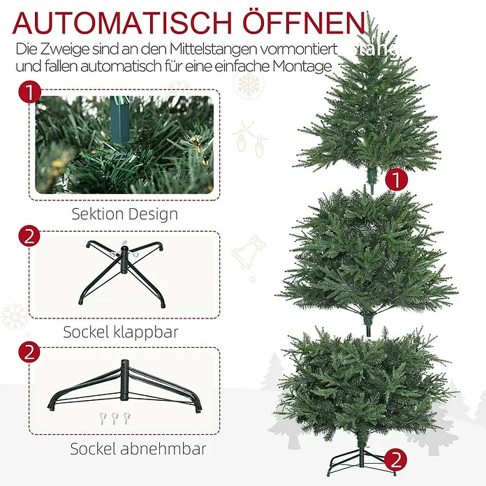 HOMCOM-Weihnachtsbaum-114L x 114B x 180H cm-Grün -  - Grüner künstlicher Weihnachtsbaum mit automatisch klappenden Zweigen und klappbarem/abnehmbarem schwarzem Metallständer für einfache Montage.