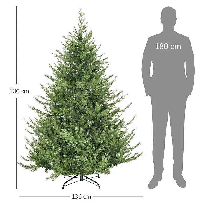 HOMCOM-Weihnachtsbaum-136L x 136B x 180H cm-Grün -  - Grüner künstlicher Weihnachtsbaum mit Ständer, 180 cm hoch und 136 cm breit, mit einer 180 cm großen menschlichen Silhouette als Größenvergleich.