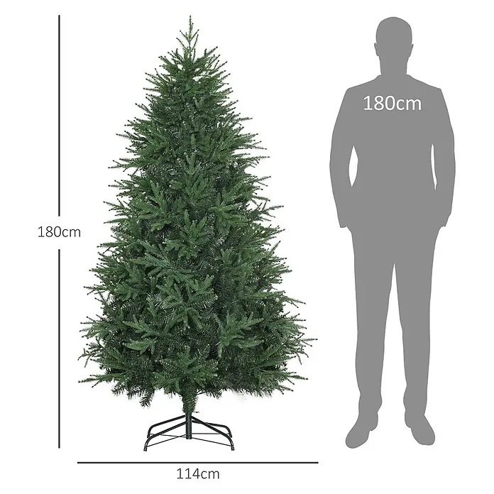 HOMCOM-Weihnachtsbaum-114L x 114B x 180H cm-Grün -  - Grüner künstlicher Weihnachtsbaum, 180cm hoch und 114cm breit, mit 180cm großer Person zum Größenvergleich.