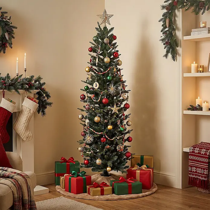 ECD Germany Künstlicher Weihnachtsbaum 150 cm, Weihnachtsdeko Innen -  - Ein schlanker, dekorierter Weihnachtsbaum mit Lichtern und Kugeln, umgeben von verpackten Geschenken in einem festlichen Raum.