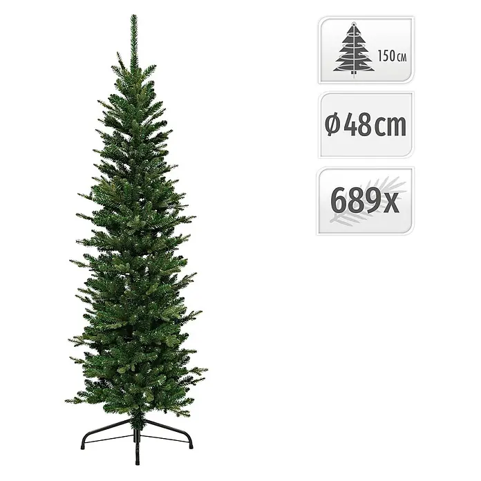 ECD Germany Künstlicher Weihnachtsbaum 150 cm, Weihnachtsdeko Innen -  - Schlanker grüner künstlicher Weihnachtsbaum, 150 cm hoch mit 689 Spitzen, auf schwarzem Ständer.