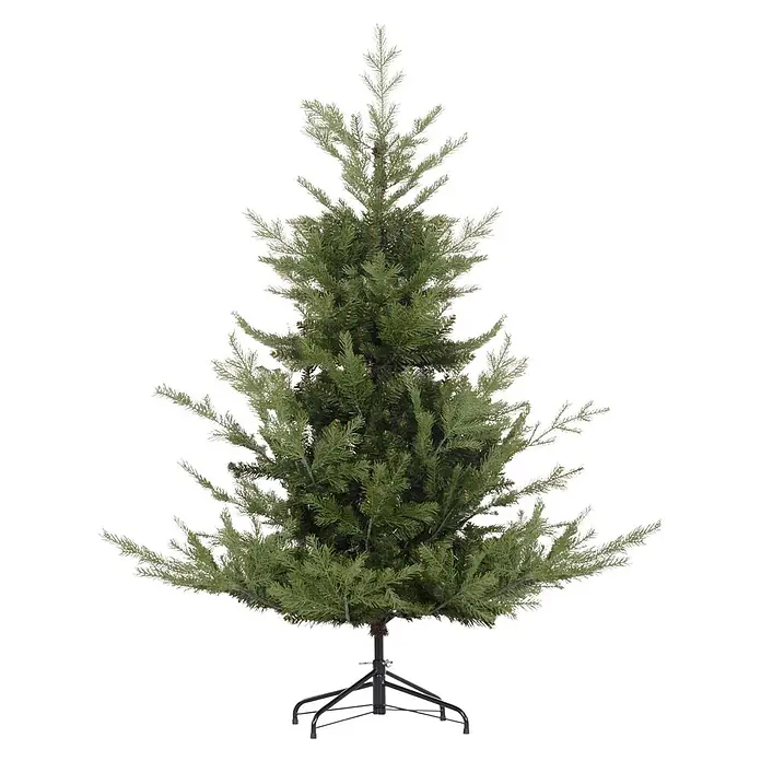HOMCOM-Weihnachtsbaum-Ø100 x 150H cm-Grün -  - Künstlicher, vorbeleuchteter Weihnachtsbaum mit grünen Nadeln auf einem schwarzen Metallständer.