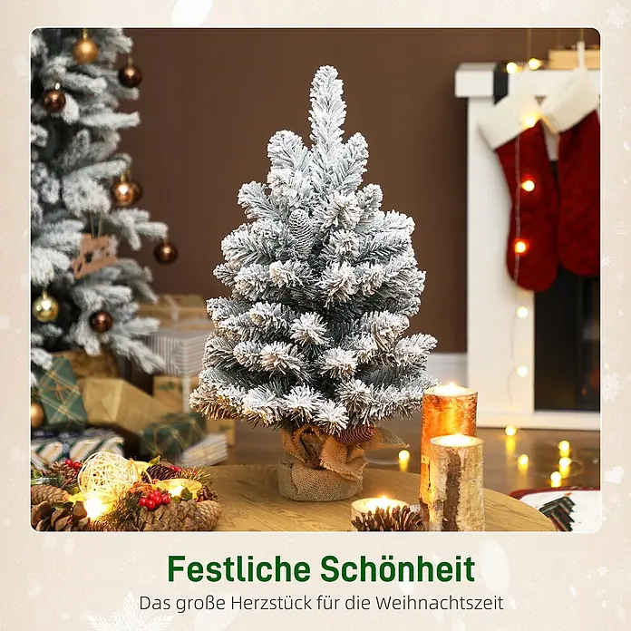 HOMCOM-Weihnachtsbaum-37L x 37B x 60H cm-Grün+Weiß -  - Ein kleiner, beschneiter künstlicher Weihnachtsbaum mit Tannenzapfen und Jutebasis, Teil einer festlichen Weihnachtsszene.