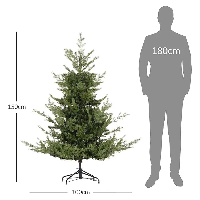 HOMCOM-Weihnachtsbaum-Ø100 x 150H cm-Grün -  - Grüner künstlicher Weihnachtsbaum, 150 cm hoch und 100 cm breit, mit 180 cm großer Person zum Größenvergleich.