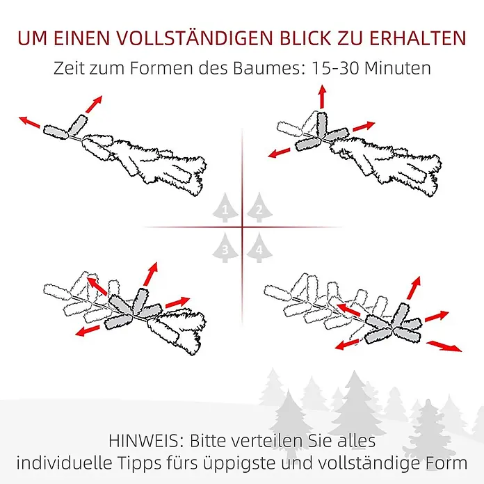 HOMCOM-Weihnachtsbaum-Ø100 x 150H cm-Grün -  - Diagramm mit vier Schritten zum Formen von künstlichen Weihnachtsbaumzweigen, die für ein volles Aussehen nach außen gespreizt werden.