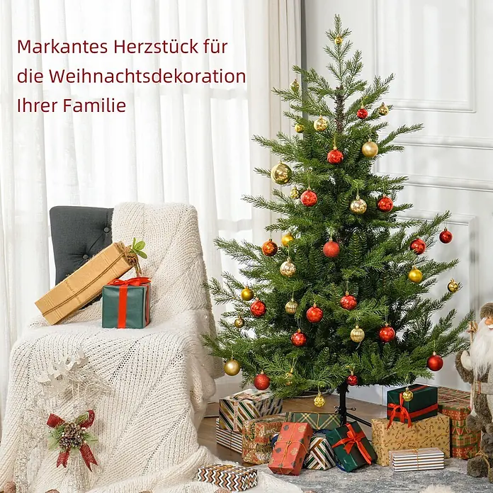 HOMCOM-Weihnachtsbaum-Ø100 x 150H cm-Grün -  - Dekorierter künstlicher Weihnachtsbaum mit roten und goldenen Kugeln, umgeben von Geschenken, schafft eine festliche Weihnachtsstimmung.