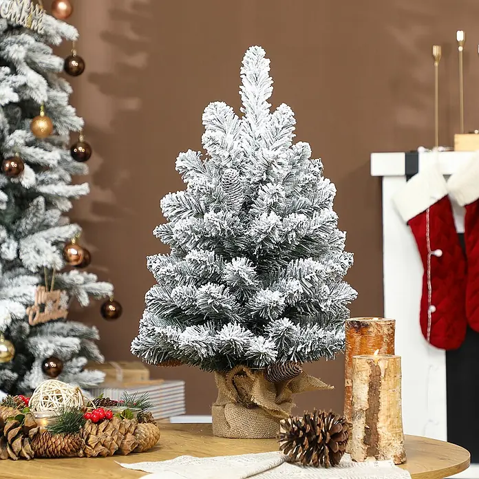 HOMCOM-Weihnachtsbaum-37L x 37B x 60H cm-Grün+Weiß -  - Ein beflockter Mini-Weihnachtsbaum mit Jute-Sockel, als festliche Tischdekoration in Weihnachtsumgebung.