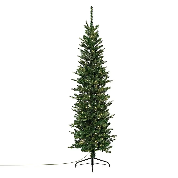 ECD Germany Künstlicher Weihnachtsbaum 180 cm mit Beleuchtung, Naturgetreu -  - Schlanker künstlicher Weihnachtsbaum mit grünen Nadeln, vorbeleuchtet mit warmweißen Lichtern, auf schwarzem Metallständer.