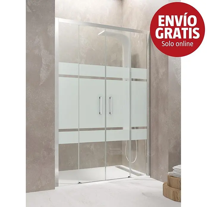 GME Mampara de ducha frontal Aktual Spazio - 180 x 195 cm, Vidrio serigrafiado, Plata brillo - Mampara de ducha moderna con paneles de cristal esmerilado, franjas horizontales claras y tiradores cromados en puertas correderas.