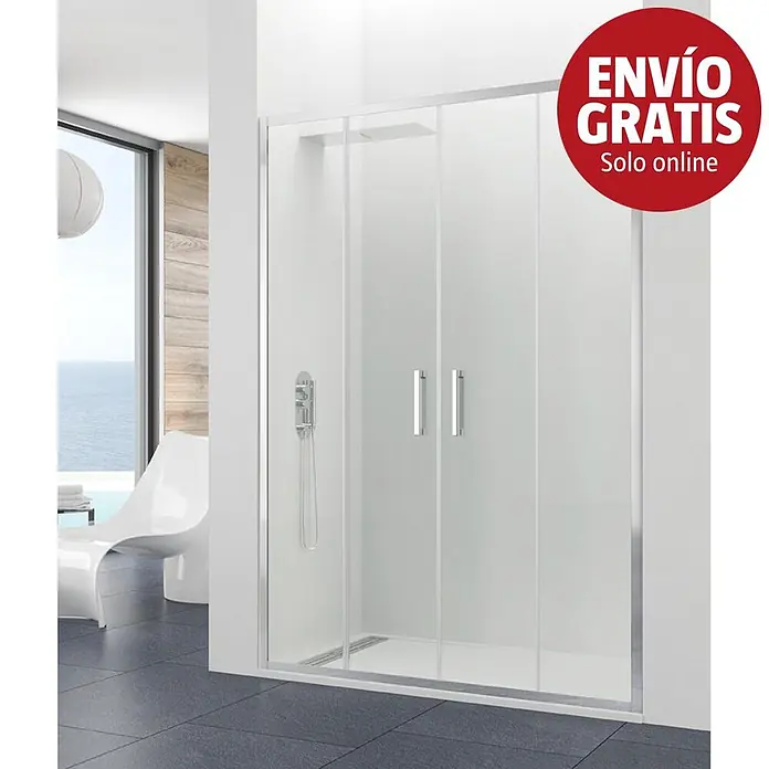 GME Mampara de ducha frontal Prestige Spazio - 140 x 195 cm, Eloxado, Espesor de vidrio: 8 mm, Plata brillo, Vidrio transparente - Mampara de ducha con paneles de vidrio transparente y esmerilado, marco cromado y tiradores, en un baño moderno.