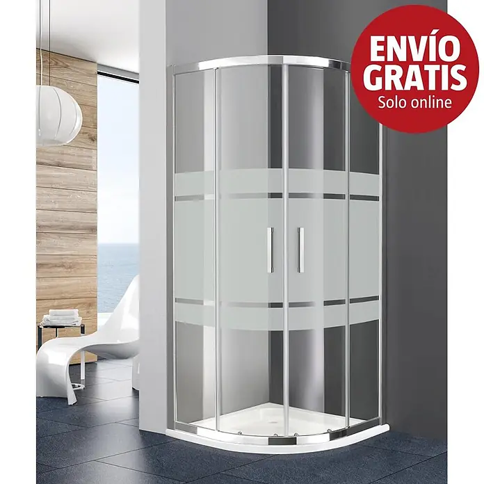 GME Mampara de ducha semicircular Prestige Titan Frost Radio Italiano - L x An x Al: 90 x 90 x 195 cm, Eloxado - Mampara de ducha semicircular con bandas de cristal esmerilado y perfiles cromados, puertas correderas en baño moderno.