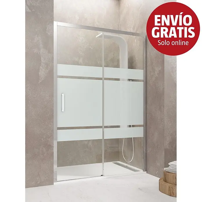 GME Mampara de ducha frontal Aktual - 150 x 195 cm, Vidrio serigrafiado, Plata brillo - Mampara de ducha corredera de cristal transparente con franjas horizontales esmeriladas y marco plateado en el baño.