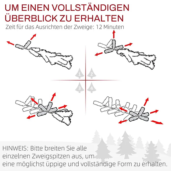 HOMCOM-Weihnachtsbaum-110L x 110B x 183H cm-Grün -  - Illustrierte Anleitung zum Ausrichten von künstlichen Weihnachtsbaumzweigen für eine volle, üppige Form, in vier Schritten dargestellt.
