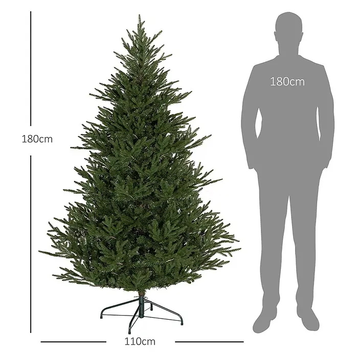HOMCOM-Weihnachtsbaum-110L x 110B x 183H cm-Grün -  - Künstlicher Weihnachtsbaum, 180cm hoch und 110cm breit, daneben eine 180cm große Person als Größenvergleich.