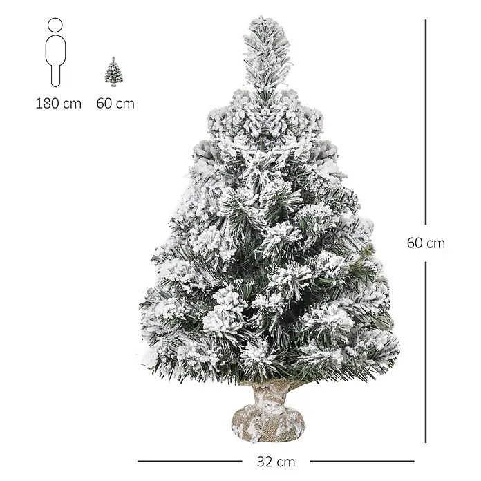 HOMCOM-Weihnachtsbaum-32L x 32B x 60H cm-Grün+Weiß -  - Kleiner beflockter künstlicher Weihnachtsbaum mit grünen Nadeln und Schnee-Effekt, auf einem Jute-Sockel. 60 cm hoch, 32 cm breit.