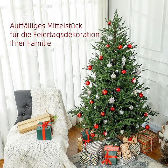 HOMCOM-Weihnachtsbaum-110L x 110B x 183H cm-Grün -  - Ein festlicher Weihnachtsbaum, geschmückt mit roten und silbernen Kugeln, steht hoch, umgeben von verpackten Geschenken als festliches Herzstück.