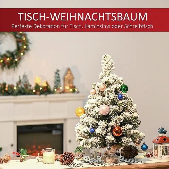 HOMCOM-Weihnachtsbaum-32L x 32B x 60H cm-Grün+Weiß -  - Beflockter Tisch-Weihnachtsbaum mit bunten Kugeln, ideal für Tisch, Kaminsims oder Schreibtisch.